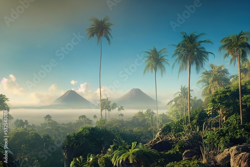 Landscape with volcanoes, palm trees, green plants and rocks under a blue sky with fluffy clouds 3d illustration