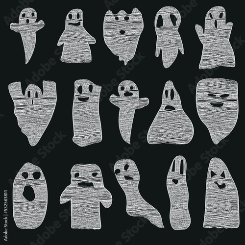 Monochrome ghost apparition spook horror set. Ghost shadow funny. ghost sheet for halloween character design. Isolated vector illustration.