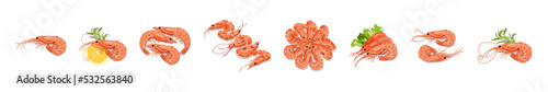 Set of tasty boiled shrimps on white background
