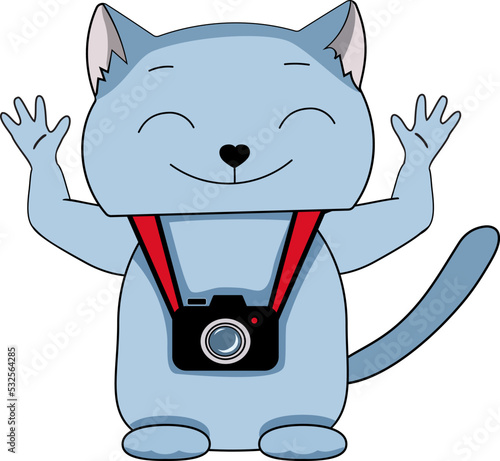 Happy cartoon blue cat with a camera around his neck
