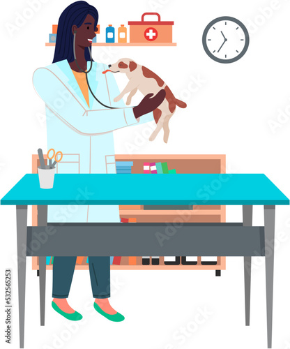 Female veterinarian holding dog for diagnostics. Pets health care in vet clinic. Domestic animals, pets treatment concept. Veterinary professional consultation. Woman doctor examining sick puppy