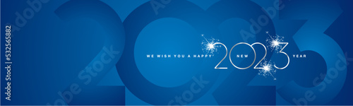We wish You Happy New Year 2023 modern design silver shining light typography sparkle fireworks with 2023 shadow numbers blue banner