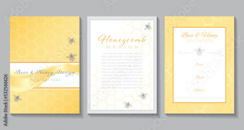 A set of elegant bee and honeycomb themed invitations in gray and golden colors
