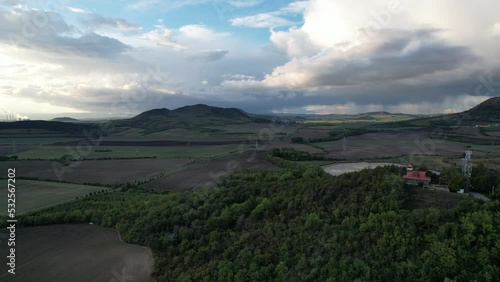 Ceske Stredohori aerial panorama landscape view from lookout tower Stribrnik, Rozhledna Stříbrník (Frotzelova rozhledna), scenic nature view of beautiful mountain range photo