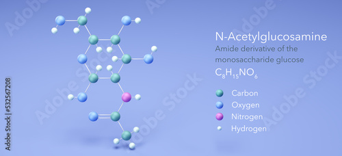n-acetylglucosamine, molecular structures, monosaccharide glucose, 3d model, Structural Chemical Formula and Atoms with Color Coding photo
