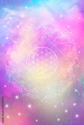 Flower of life. Tree of life. Sacred geometry zentangle inspired design template with oriental tribal ornaments. Ornamental new age art. Space background