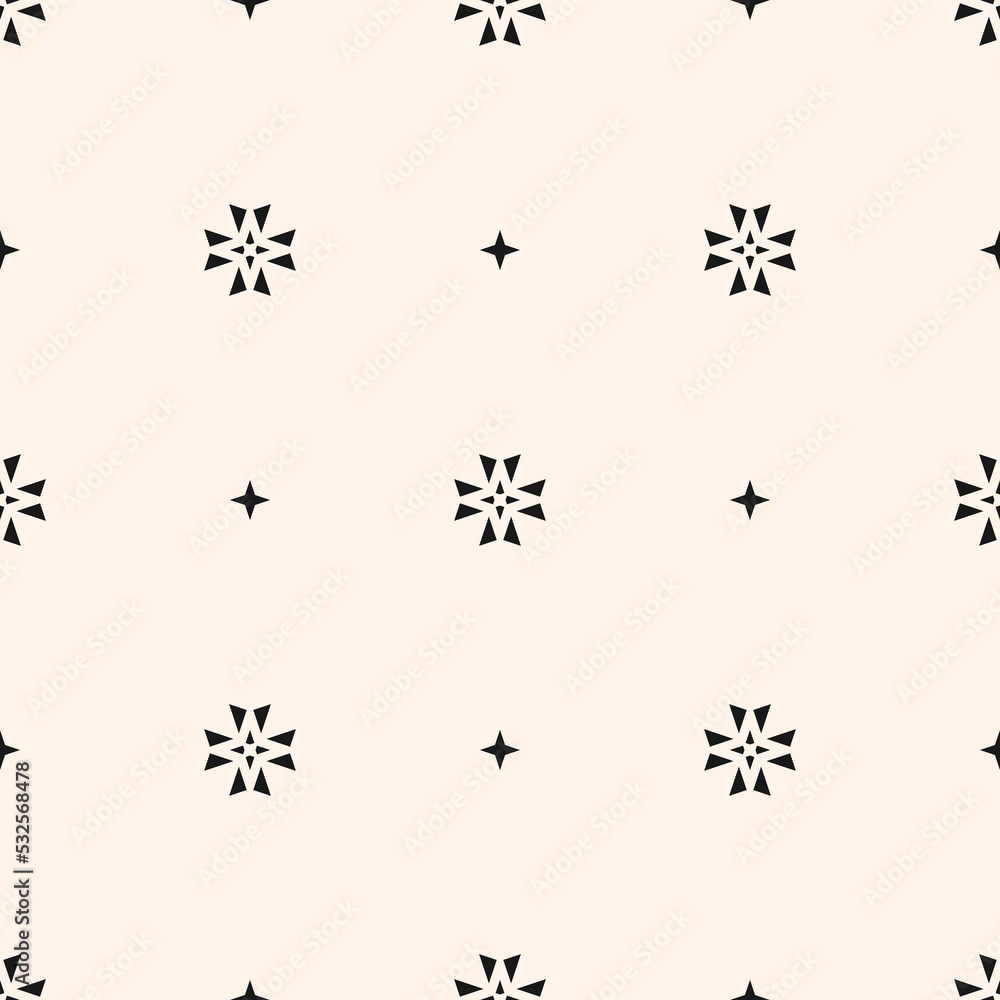 Vector minimalist floral background. Simple geometric seamless pattern with tiny flower silhouettes, small stars, crosses. Subtle monochrome abstract texture. Black and white design for decor, print