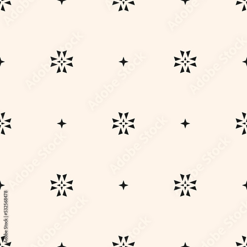 Vector minimalist floral background. Simple geometric seamless pattern with tiny flower silhouettes, small stars, crosses. Subtle monochrome abstract texture. Black and white design for decor, print