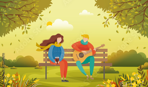 People in relationship sitting on wooden bench in autumn park. Couple on date spends time outdoor. Man playing music on guitar to his girlfriend. Romantic pastime in cold season vector illustration