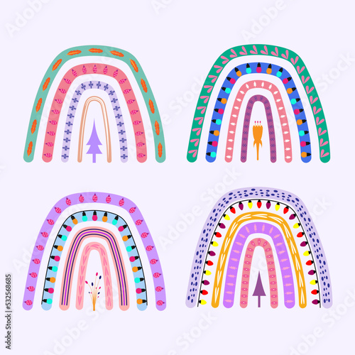 Christmas rainbow collection. Doodled, vector weather phenomenon bundle.colorful rainbow design