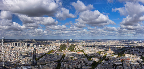 Amazing panorama of Paris with Eiffel Tower at sunny day. France