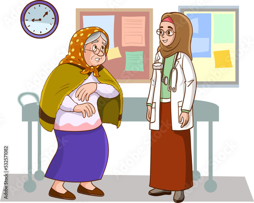 woman doctor helping a grandmother with a cane.