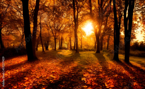 An autumn scene, falling leaves, digital art © BitBot