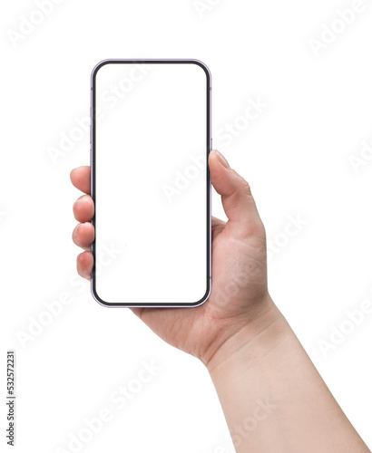 Woman hand holding smart phone with blank screen isolated on white. Template, mockup, filetype .png