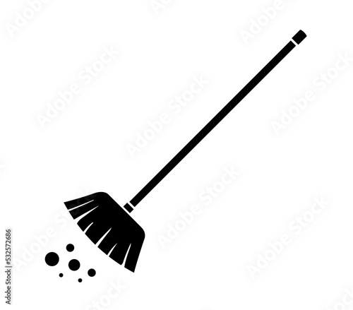 Broom mop sweep cartoon flat black icon. Clean tidy dust cleanup vector symbol.