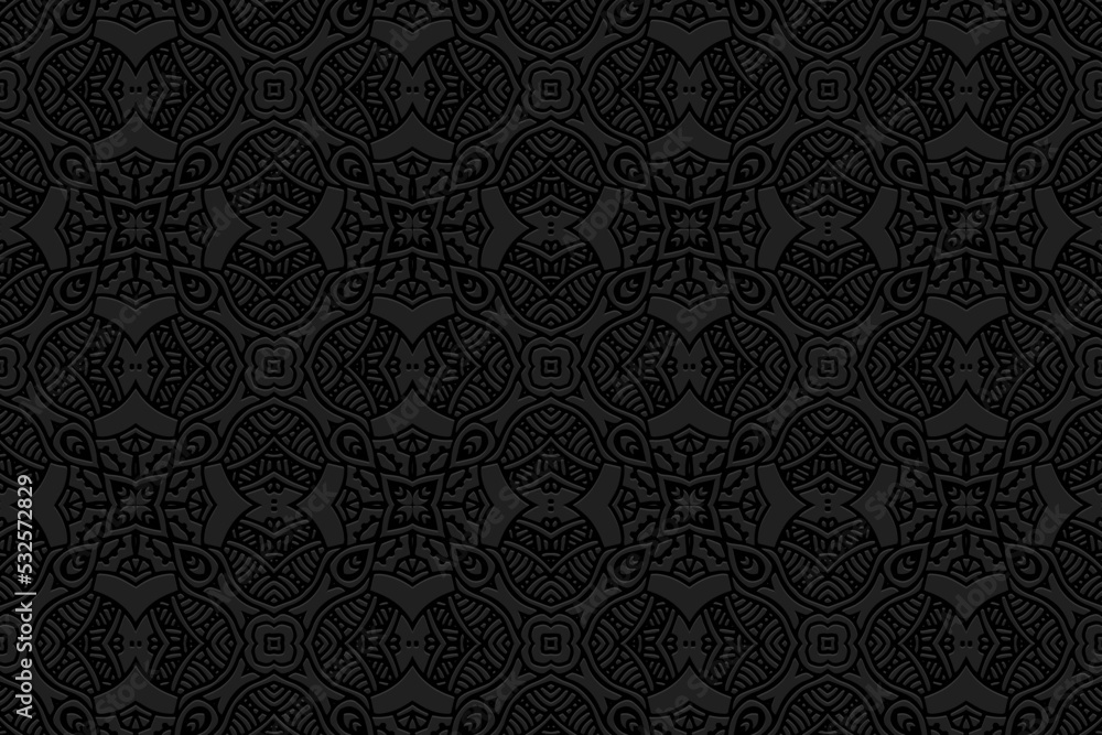 Embossed black background, ethnic cover design. Geometric 3D pattern, press paper, handmade, unique boho style. Tribal ornamental motifs of the East, Asia, India, Mexico, Aztecs, Peru. Embossed black background, ethnic cover design. Geometric 3D pattern, press paper, handmade, unique boho style. Tribal ornamental motifs of the East, Asia, India, Mexico, Aztecs, Peru.