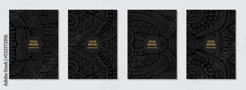 Set of ethnic covers, vertical templates. Collection of relief geometric backgrounds with 3d pattern, exotic boho style. Tribal ornamental motifs of the East, Asia, India, Mexico, Aztecs, Peru.