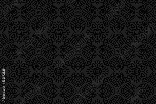 Embossed black background, ethnic cover design. Geometric 3D pattern, press paper, handmade, unique boho style. Tribal ornamental motifs of the East, Asia, India, Mexico, Aztecs, Peru.