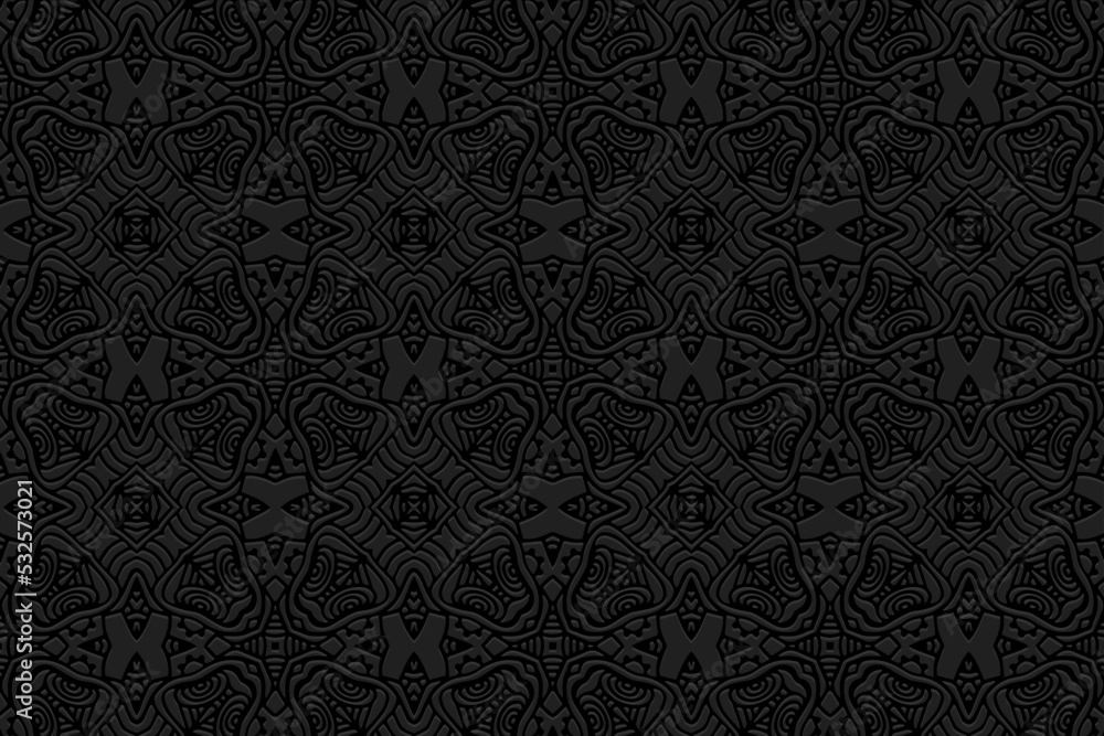 Embossed black background, ethnic cover design. Geometric 3D pattern, press paper, handmade, creative boho style. Tribal ornamental motifs of the East, Asia, India, Mexico, Aztecs, Peru. Embossed black background, ethnic cover design. Geometric 3D pattern, press paper, handmade, creative boho style. Tribal ornamental motifs of the East, Asia, India, Mexico, Aztecs, Peru.