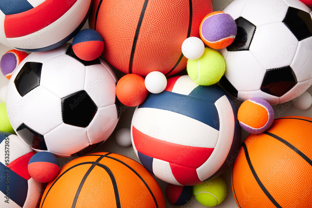 Heap of various balls in gym Heap of various balls in gym