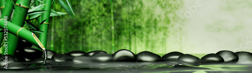 Clearwater flows out of bamboo sections. The shiny black stones overlap side lakes. The background is green and yellow waves like water waves. Spa-style images. 3D Rendering photo