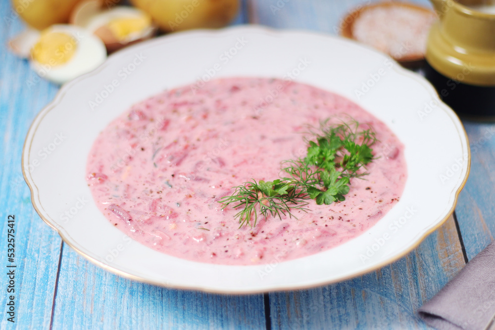 A plate with cold beetroot soup - national dish of Baltic region