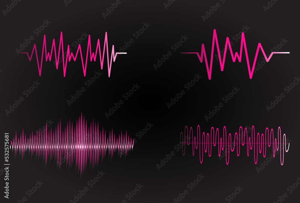 Sound audio wave vector. Icon set isolated on black background. Abstract sound waves for voice design, music background, radio logo and icon. Creative music audio concept. Soundwave vector Sound audio wave vector. Icon set isolated on black background. Abstract sound waves for voice design, music background, radio logo and icon. Creative music audio concept. Soundwave vector