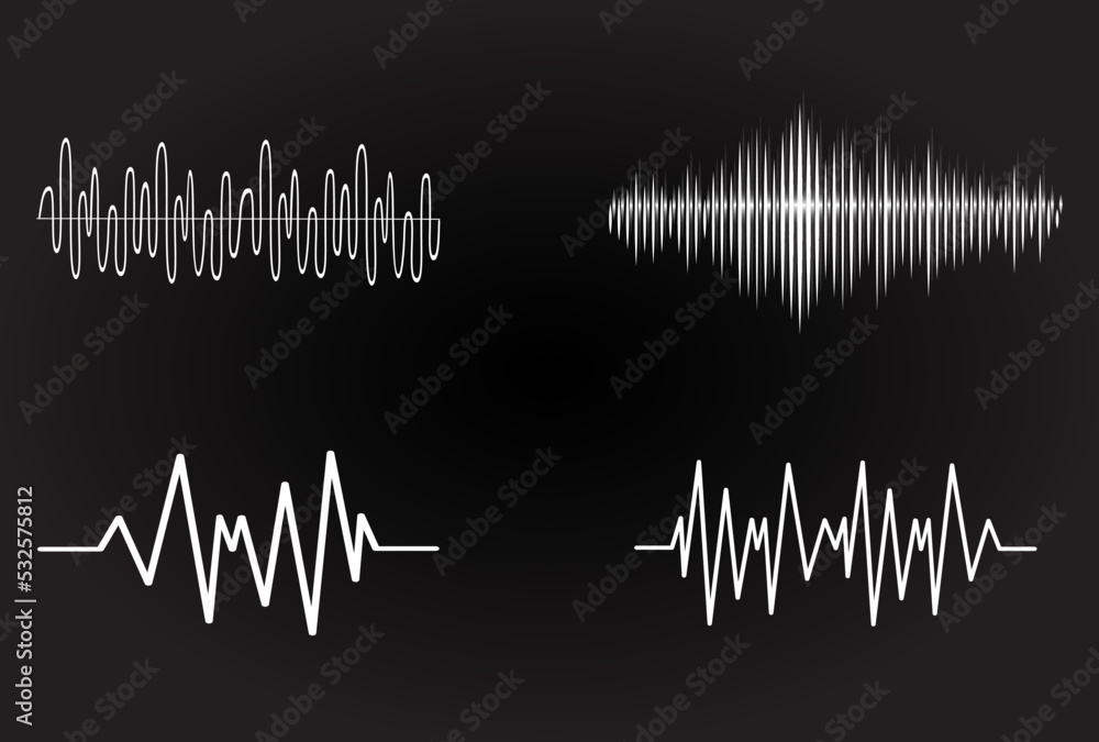 Sound audio wave vector. Icon set isolated on black background. Abstract sound waves for voice design, music background, radio logo and icon. Creative music audio concept. Soundwave vector
