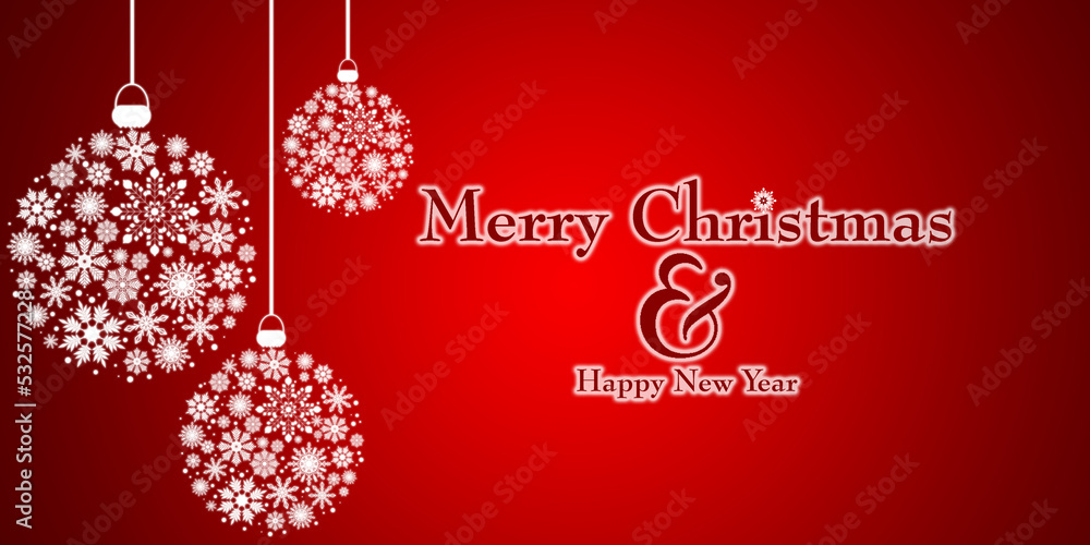 Banner with three Christmas balls made of white snowflakes on a bright red background. Beautiful card with white snowflakes on a red background and copy space and congratulatory text. High quality