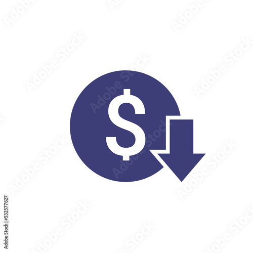 Cost reduction icon price lower arrow. Vector low cost money crisis line icon