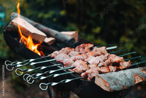 Cooking bbq on the grill on a metal skewer. Grilled meat cooked on the bbq. Shish kebab from fresh beef meat cut into slices. Traditional oriental dish, bbq. Charcoal and flame grill, picnic, street