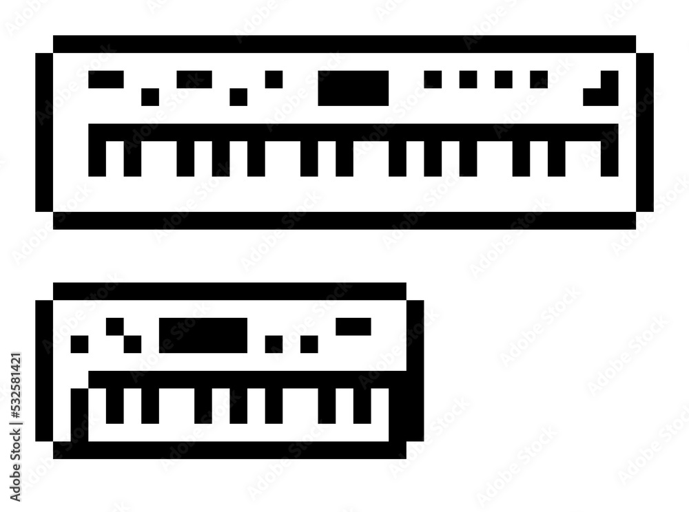 Isolated pixel keyboard. 8 bit monochrome synth illustration. Retro style keys. Isolated pixel keyboard. 8 bit monochrome synth illustration. Retro style keys.
