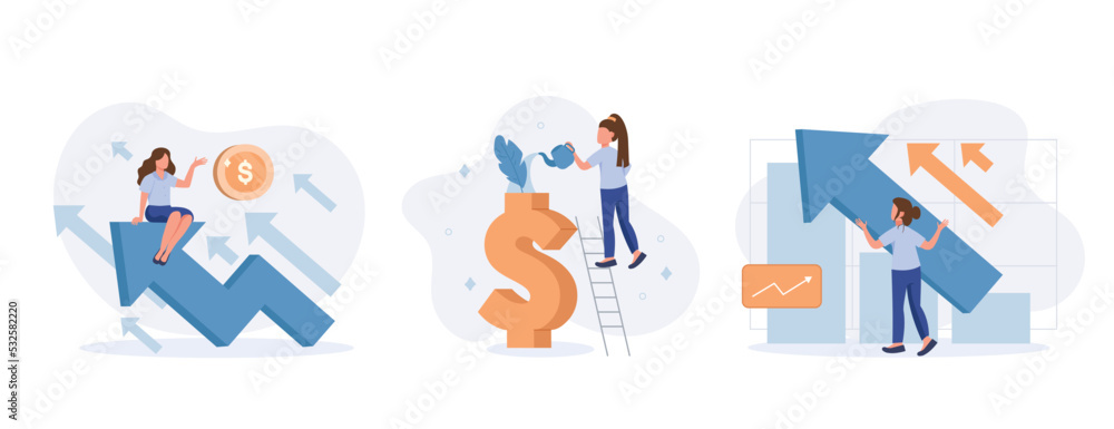 Fototapeta premium Finance growth illustration set. Characters analyzing investments, celebrating financial success and money growth. Money increasing concept. Vector illustration.