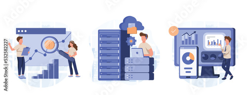 Big Data and Cloud Computing illustration set. Business characters using remote servers to analyzing large sets of data and recognizing mistakes. Actionable data concept. Vector illustration. photo