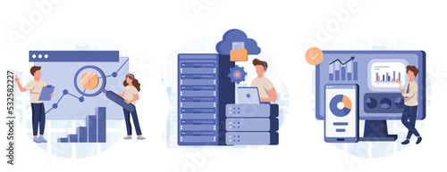 Big Data and Cloud Computing illustration set. Business characters using remote servers to analyzing large sets of data and recognizing mistakes. Actionable data concept. Vector illustration.