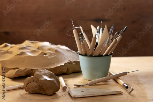 Set for clay sculpting on table