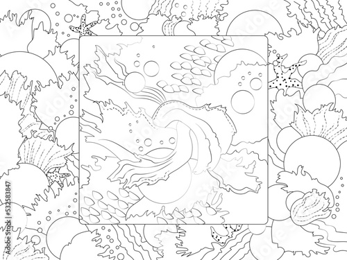 Abstract image of inhabitants of the sea world, algae, fish, bubbles, fish scales, starfish. Square in a rectangle. Handdrawn.