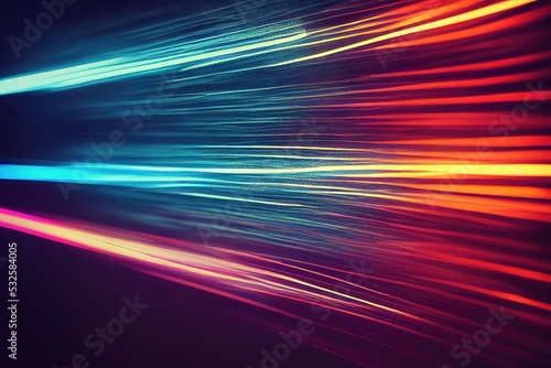 Luminous neon waveform, abstract light effect. Wavy glowing bright flowing curved lines, magical glowing energetic flow of motion with particles, isolated on a black background.