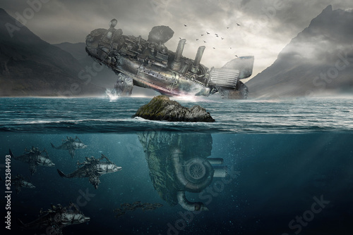 "Illustrazione 3D" Paesaggio marino astratto,una balena cibernetica Steampunk volante, una scena di fantasia, con isola e delfini e ingranaggi 