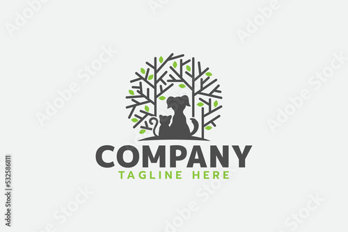 pet park logo with a combination of a dog, cat and shady trees