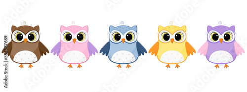 Set of cute cartoon characters of owls on a white background.Elements for design.Vector illustration