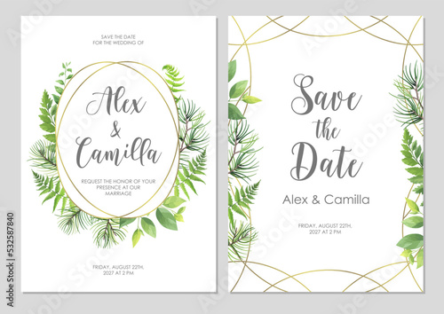 Greenery wedding invitation template. Invite card with place for text. Floral frame with pine, fern and wild herbs. Vector illustration. © artnata