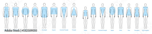 Set of Women Men body shapes types silhouettes: apple, pear, rectangle, column, trapezium, circle, oval, square, brick, hourglass, round, inverted triangle, petite. Male and Female Vector illustration