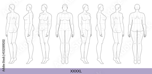 Set of XXXXL Women Fashion template 9 nine head size Croquis over plus size with main lines Lady model Curvy body figure front, side, 3-4, back view. Vector outline girl for Design, Illustration