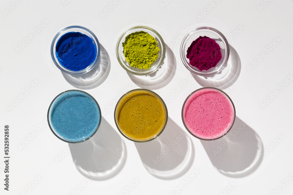 Pink pitaya (dragon fruit), Chinese matcha and blue spirulina drinks Pink pitaya (dragon fruit), Chinese matcha and blue spirulina drinks