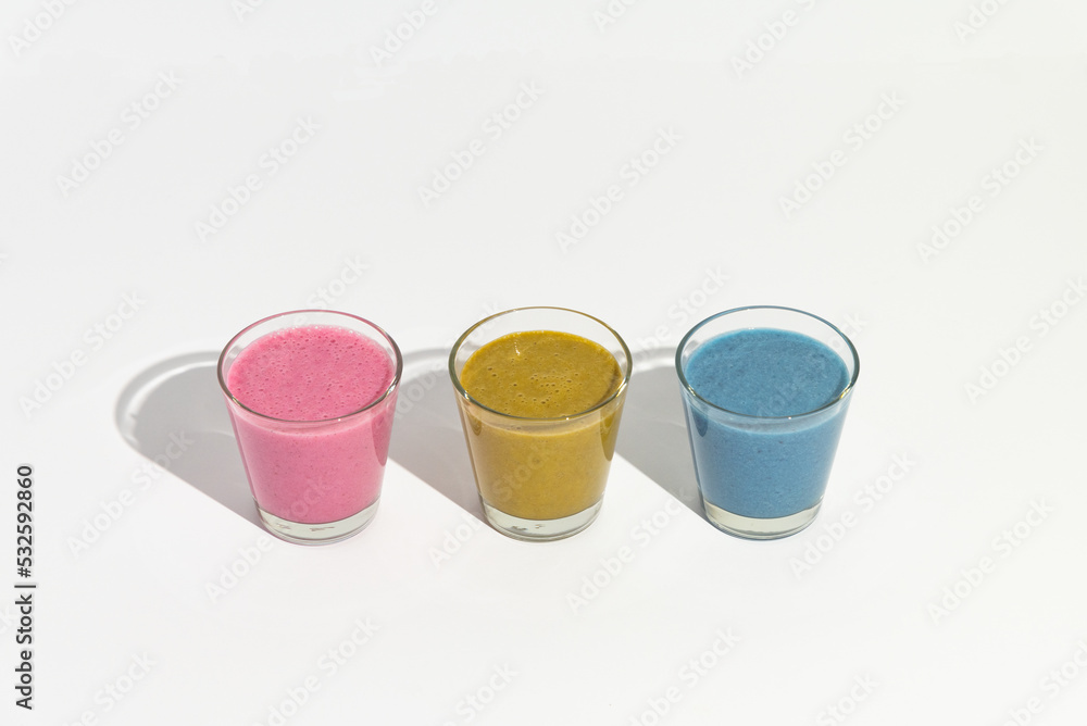 Pink pitaya (dragon fruit), Chinese matcha and blue spirulina drinks Pink pitaya (dragon fruit), Chinese matcha and blue spirulina drinks