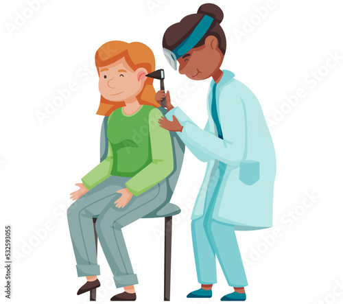 Doctor with forehead reflector examines patient, treatment of pathologies of throat, ear and nose in hospital. Otolaryngologist takes care of sick woman. Physician works and prescribes therapy
