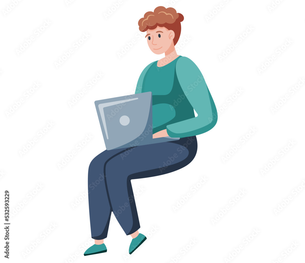 Young woman using laptop computer sitting in lotus pose with crossed legs isolated vector. Student working on tablet pc while sitting at home. Freelancer or office woman working remotely with computer Young woman using laptop computer sitting in lotus pose with crossed legs isolated vector. Student working on tablet pc while sitting at home. Freelancer or office woman working remotely with computer