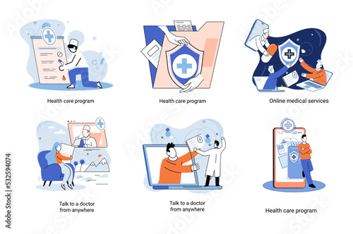 Mobile medicine mhealth online doctor, online medical services, health care program, talk to doctor from anywhere. Smartphone with medical application. Digital health and medical consultation metaphor