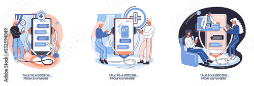 Online medical services mobile application consultation and prescription medicine professional doctor connecting and giving consultation for patient anywhere telemedicine metaphor, health care program